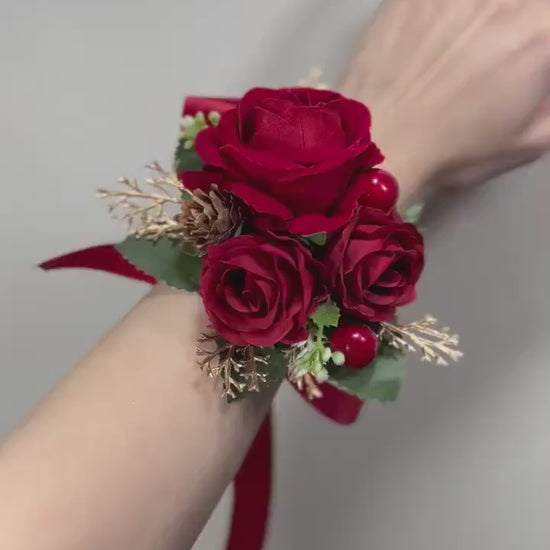 Wedding Christmas Corsage Red Gold Wedding Wrist Corsage Red Bridesmaids Burgundy Corsage Pine Cone Winter Artificial Flowers