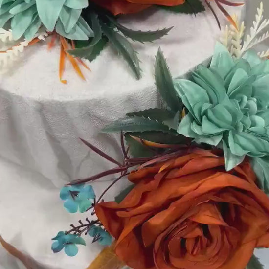 Teal Rust Cake Decoration Wedding Teal Cake Topper Teal Rust White Wedding Cake Decoration Flower Rust Turquoise Artificial Topper Blue