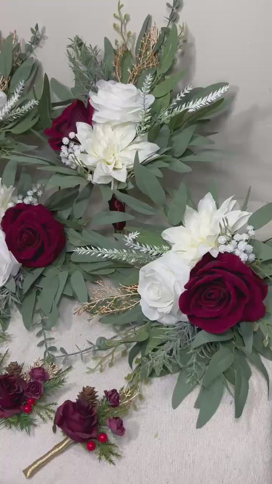 White Burgundy Winter Bouquet Small Bridesmaids Petite Christmas Bouquet Eucalyptus Holiday Ivory Wine Red Baby Breath Artificial Flowers
