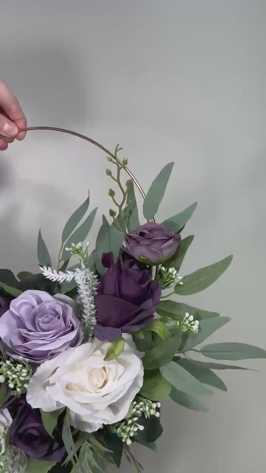 Lavender Hoop Wedding Flower Girl Plum White Hoop Flower Alternative Bouquet Dark Purple Ivory Bridesmaids Hoop Eucalyptus Artificial Flower
