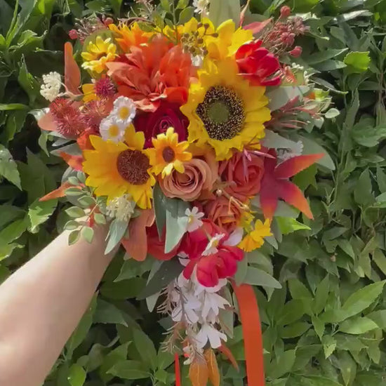 Sunflower Terracotta Wedding Bouquet, Bridal Cascading Fall Bouquet, Cascade Burnt Orange Bouquet, Bridesmaids Flowers Yellow Sunflower