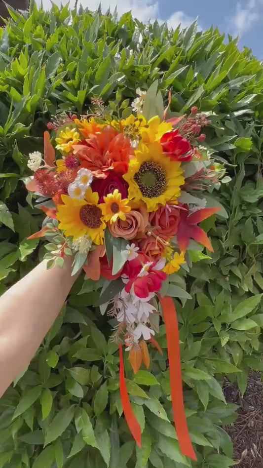 Sunflower Terracotta Wedding Bouquet, Bridal Cascading Fall Bouquet, Cascade Burnt Orange Bouquet, Bridesmaids Flowers Yellow Sunflower