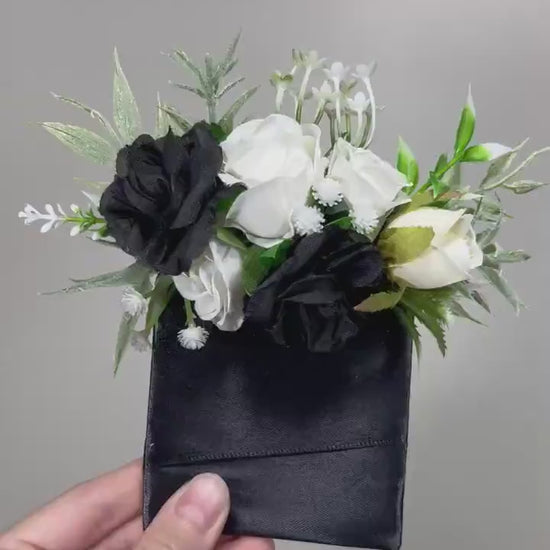 Black Pocket Boutonniere Wedding Groom Boutonnière White Square Groomsmen Pocket Boutonniere Black and White Gothic Artificial Flowers