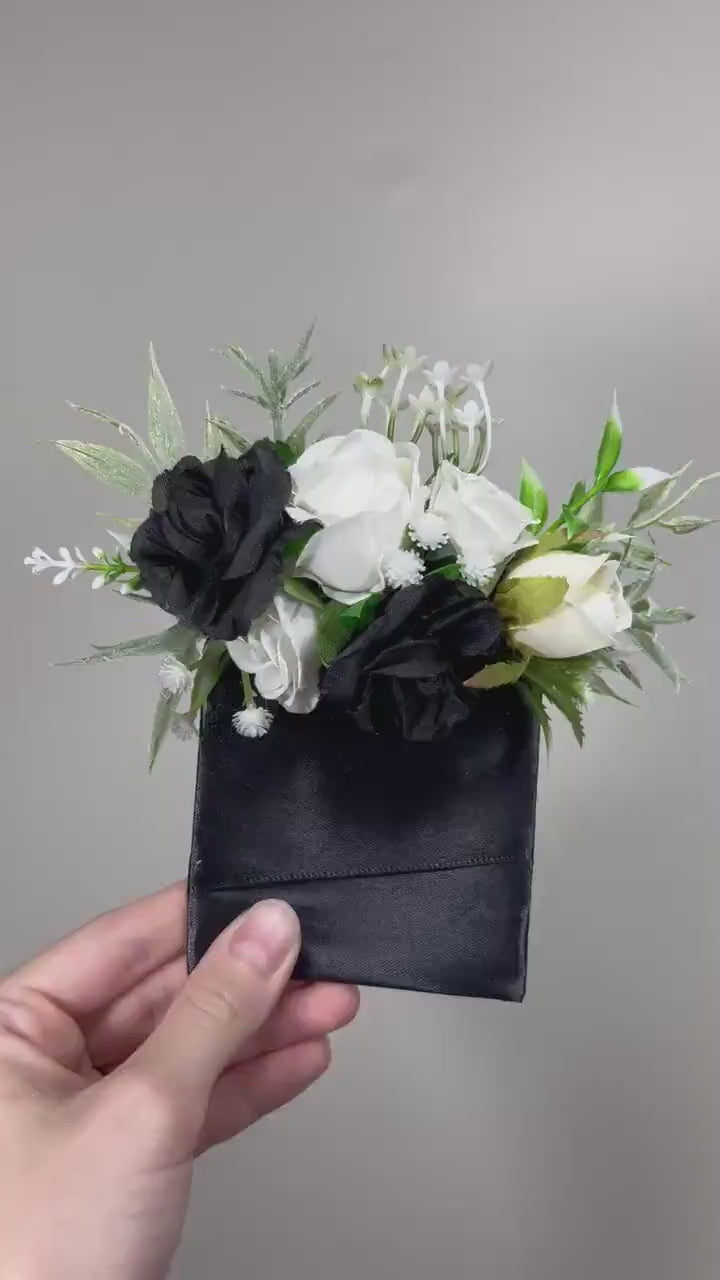 Black Pocket Boutonniere Wedding Groom Boutonnière White Square Groomsmen Pocket Boutonniere Black and White Gothic Artificial Flowers