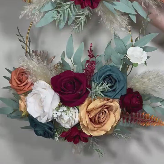 Floral Hoop Burgundy Wedding Bridal Hoop White Bridesmaids Ring Dark Teal Wreath Flower Girl Teal Orange Artificial Flower Terracotta Hoop