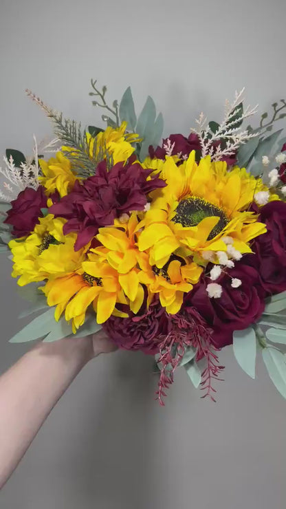 Sunflower Bouquet Wedding Bridal Sunflower Burgundy Bouquet Bridesmaids Fall Decor Sunflower Red Baby Breath Artificial Flower