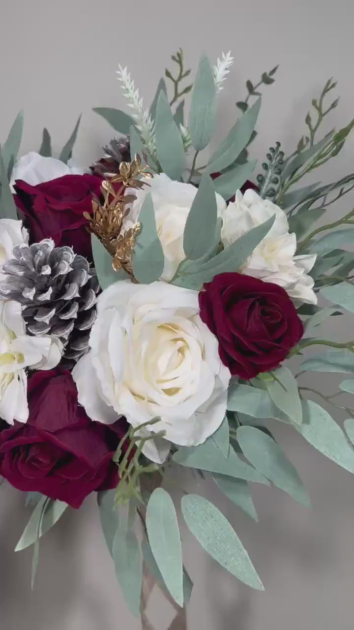 Christmas Bouquet Wedding Bridal Bouquet White Winter Burgundy Bridesmaids Bouquet Pine Cone Gold Christmas Bouquet