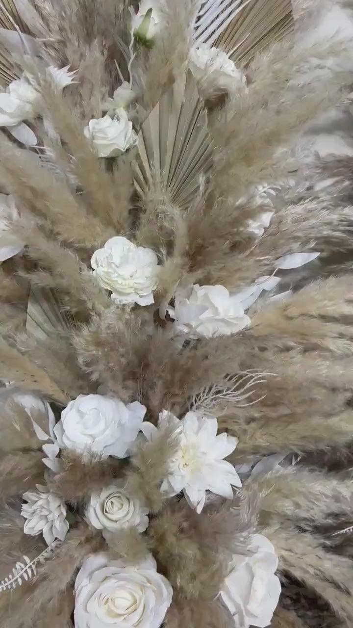 Set of 2 Wedding Aisle Marker Flower Floor Arrangement Whiskey Barrel Décor White Boho Ground Pampas Grass Dried Palm Leaves Natural