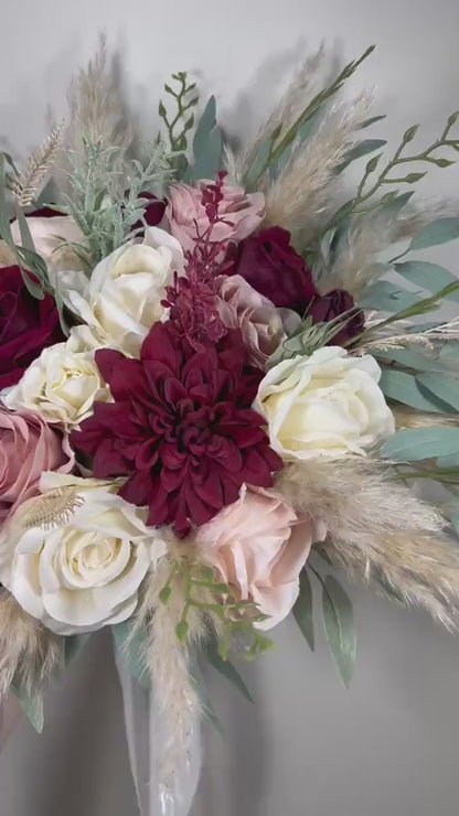 Burgundy Pink Bouquet Wedding Bridal Dusty Rose Bouquet Ivory Burgundy Bridesmaids Bouquet Dusty Rose Champagne Pampas Grass Eucalyptus