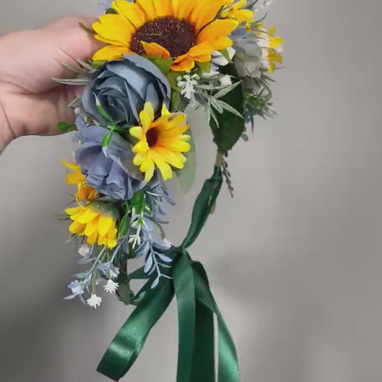 Sunflower Flower Crown Blue Wedding Rustic Yellow Sunflower Flower Crown Bridal Bridesmaids Dusty Blue Baby Breath Artificial Flower White