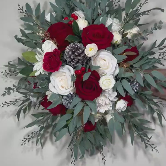 Wedding Centerpiece Christmas Red Table Flower Ball Decoration Burgundy Table Centerpiece Barrel White Whiskey Winter Ivory Greenery