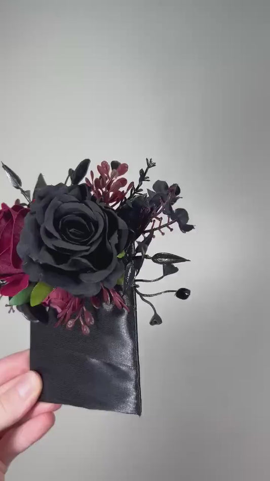 Wedding Pocket Boutonniere Black Groom Boutonnière Square Burgundy Groomsmen Halloween Burgundy Black Gothic Artificial Flowers