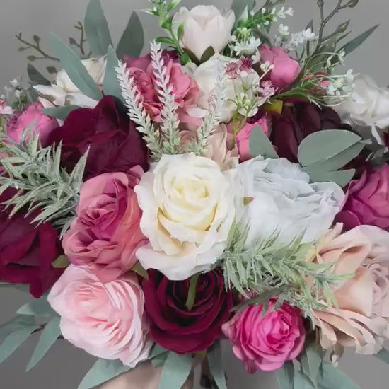 Pink Bouquet Bridal Wedding Burgundy Bouquet Blush Bridesmaids White Eucalyptus Fuchsia Hot Pink Artificial Flower