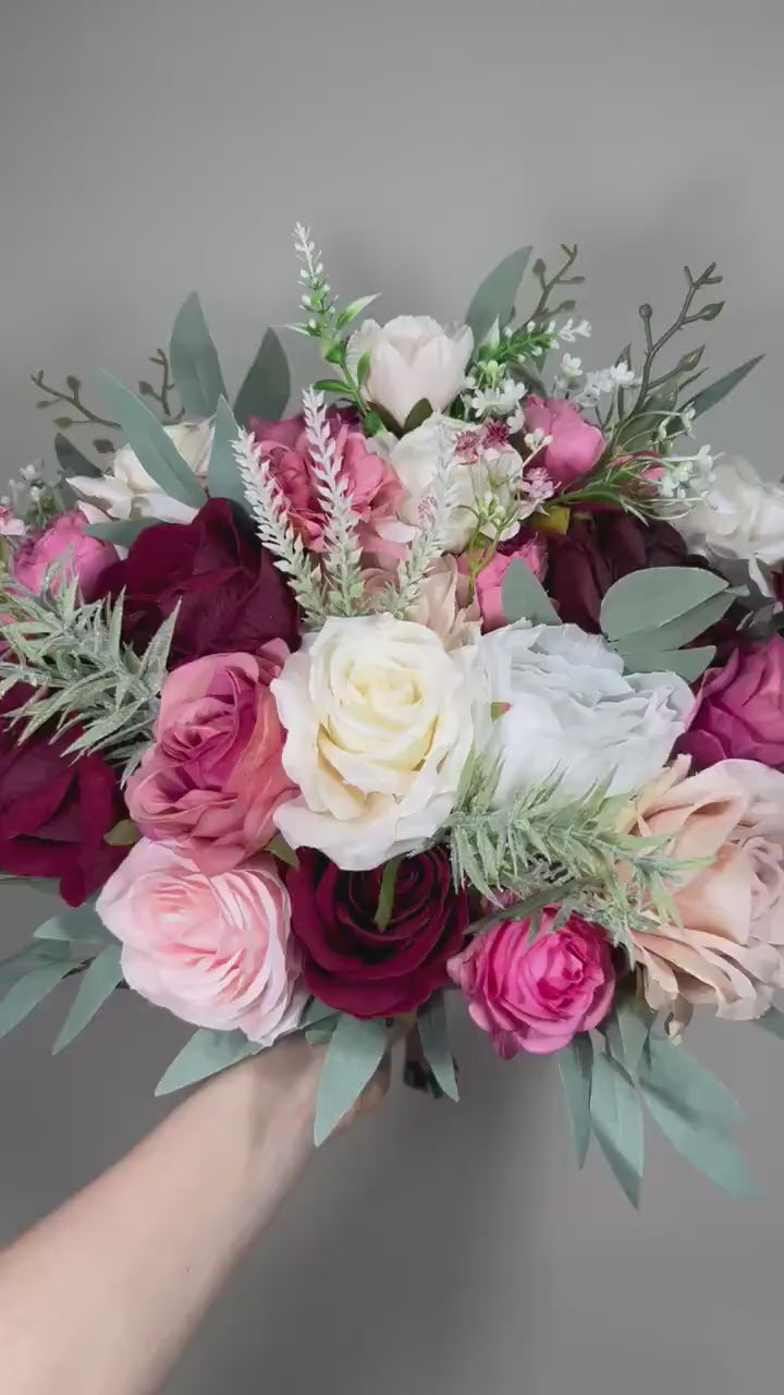 Pink Bouquet Bridal Wedding Burgundy Bouquet Blush Bridesmaids White Eucalyptus Fuchsia Hot Pink Artificial Flower