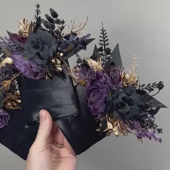 Black Plum Pocket Boutonnière, Wedding Gothic Square Boutonnière, Black Gold Dark Purple Groom Flower, Black Purple Pocket Boutonnière