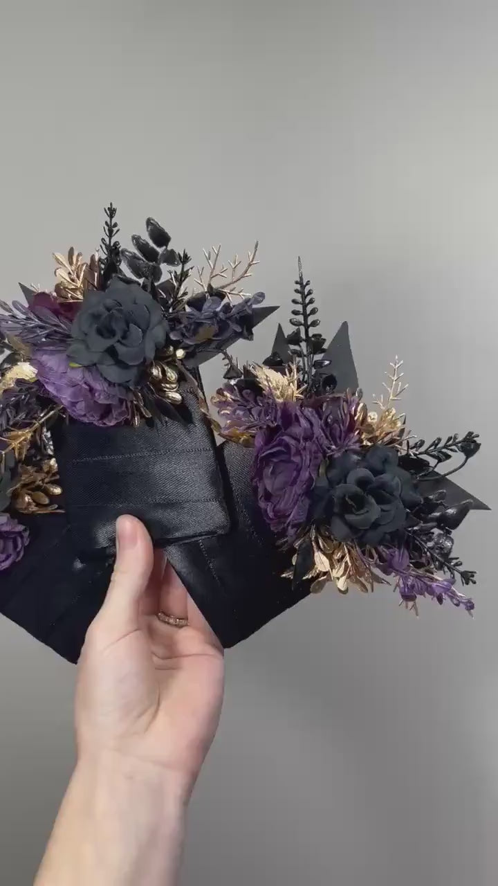 Black Plum Pocket Boutonnière, Wedding Gothic Square Boutonnière, Black Gold Dark Purple Groom Flower, Black Purple Pocket Boutonnière