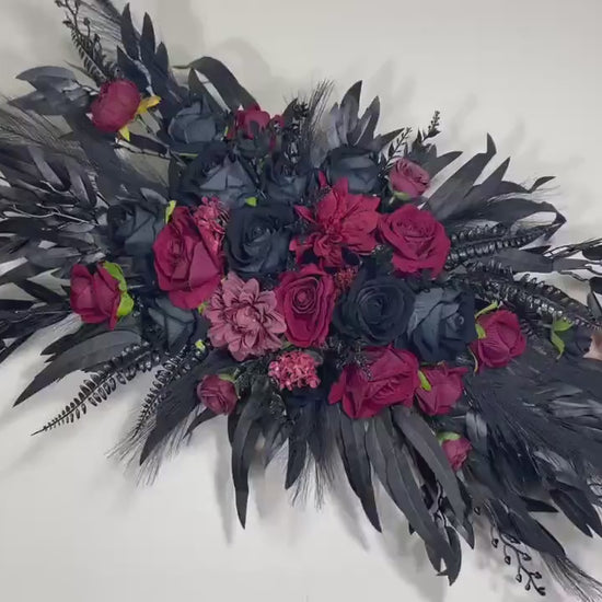 Wedding Arch Arrangement Black Burgundy Arch Aisle Arrangement Halloween Decor Gothic Black Artificial Flowers Eucalyptus Bunny Tails