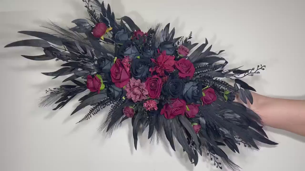Wedding Arch Arrangement Black Burgundy Arch Aisle Arrangement Halloween Decor Gothic Black Artificial Flowers Eucalyptus Bunny Tails