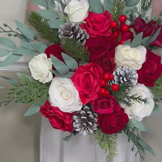 Wedding Christmas Bouquet Bridal Red White Winter Red Christmas Ivory Rustic Bridesmaids Bouquet Gold Christmas Tree Pine Cone