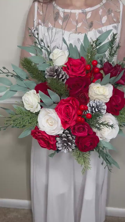 Wedding Christmas Bouquet Bridal Red White Winter Red Christmas Ivory Rustic Bridesmaids Bouquet Gold Christmas Tree Pine Cone