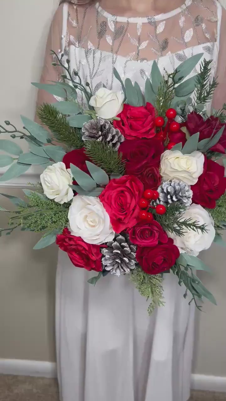 Wedding Christmas Bouquet Bridal Red White Winter Red Christmas Ivory Rustic Bridesmaids Bouquet Gold Christmas Tree Pine Cone