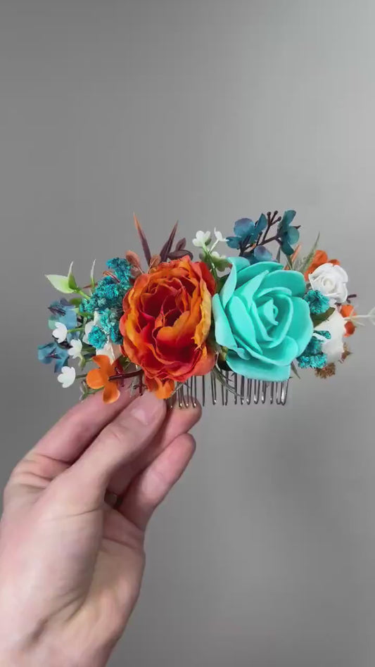 Teal Orange Flower Comb Wedding Teal Burnt Orange Head Piece Hair Comb Turquoise Terracotta Wedding Teal Blue Hair Accessories Hair Comb