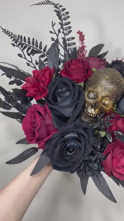 Wedding Bouquet Black Burgundy Gold Skull Bridal Wedding Gothic Halloween Bouquet Bridesmaids Black Skull Spooky Burgundy Fun Bouquet Metal