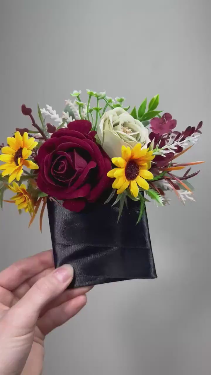 Sunflower Pocket Boutonniere Wedding Groom Boutonnière Sunflower Burgundy Square Groomsmen Sunflower Sage Green Artificial Flowers