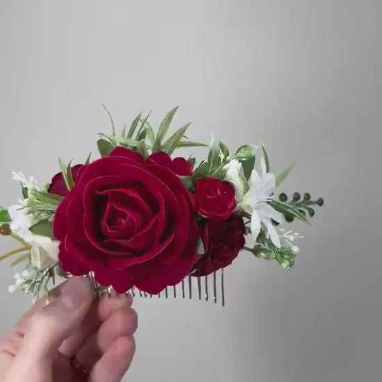 Red Hair Comb Wedding White Flower Girl Headpiece Dark Red Floral Hair Pin Ivory Accessories Decorative Hair Comb Artificial Flower Dark Red