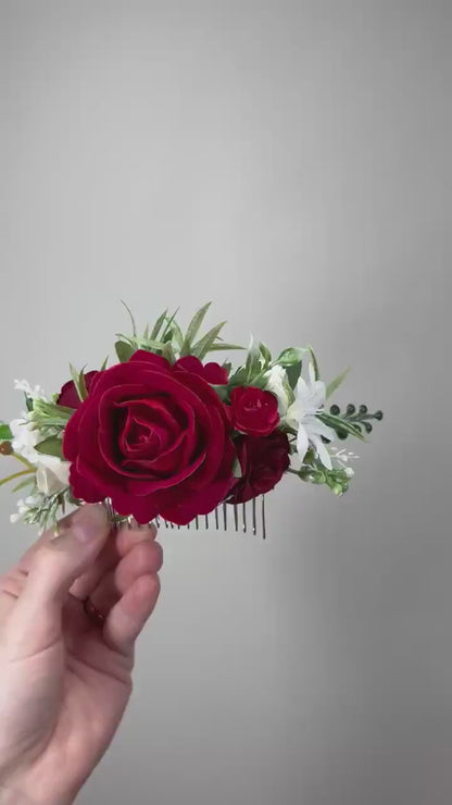 Red Hair Comb Wedding White Flower Girl Headpiece Dark Red Floral Hair Pin Ivory Accessories Decorative Hair Comb Artificial Flower Dark Red