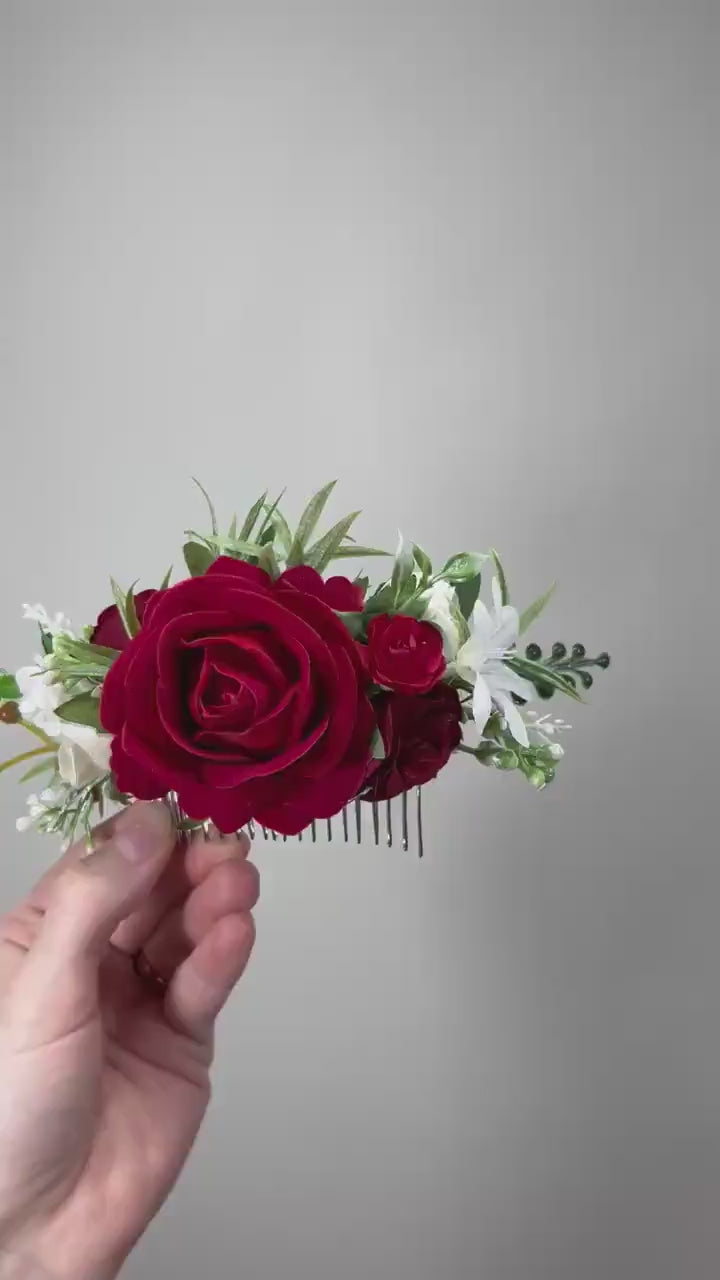 Red Hair Comb Wedding White Flower Girl Headpiece Dark Red Floral Hair Pin Ivory Accessories Decorative Hair Comb Artificial Flower Dark Red