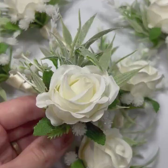 White Boutonniere Wedding Groom Ivory Groomsmen Boutonnière Ivory Artificial Flowers Eucalyptus White Rose Classic Boutonniere