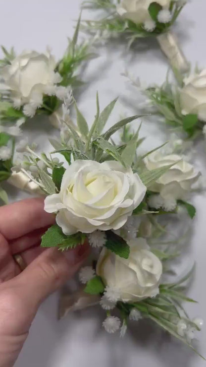 White Boutonniere Wedding Groom Ivory Groomsmen Boutonnière Ivory Artificial Flowers Eucalyptus White Rose Classic Boutonniere