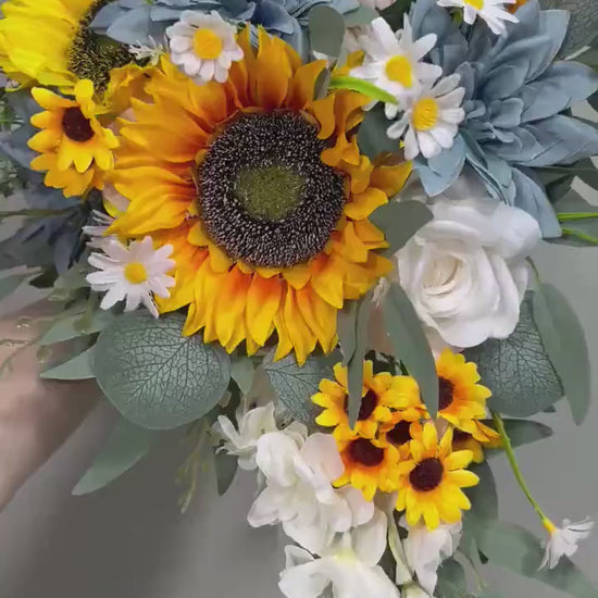 Sunflower Dusty Blue Bouquet Wedding Cascading Sunflower Bridal Bouquet Dusty Blue Cascade Bridesmaids Bouquet Yellow Sunflowers Blue