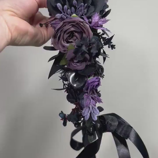 Black Purple Flower Crown Black Wedding Crown Gothic Floral Headband Black Flower Adult Crown Flower Girl Wreath Plum Black Crown Hair