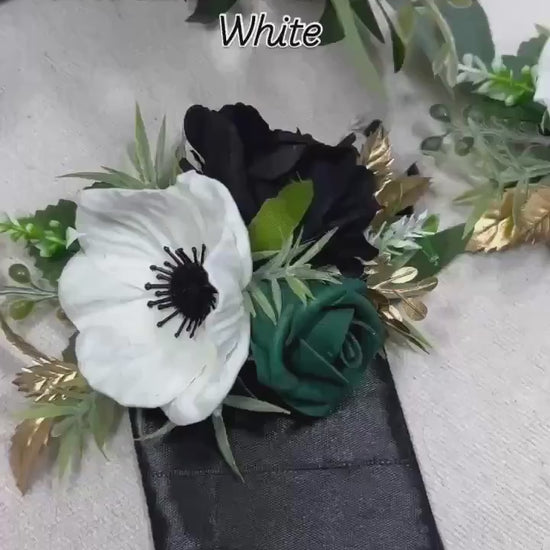 Emerald Green White Pocket Boutonniere Wedding Anemone Black White Square Boutonniere Gold White Black Groom Boutonniere Pocket Square