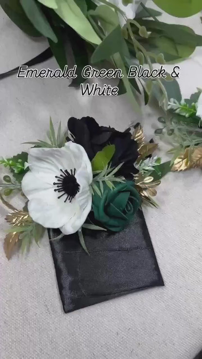 Emerald Green White Pocket Boutonniere Wedding Anemone Black White Square Boutonniere Gold White Black Groom Boutonniere Pocket Square