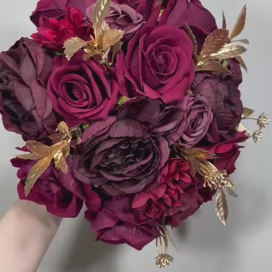 Wedding Burgundy Bouquet Bridal Gold Rustic Bridesmaids Bouquet Burgundy Maroon Red Bouquet Christmas Gold Artificial Flowers