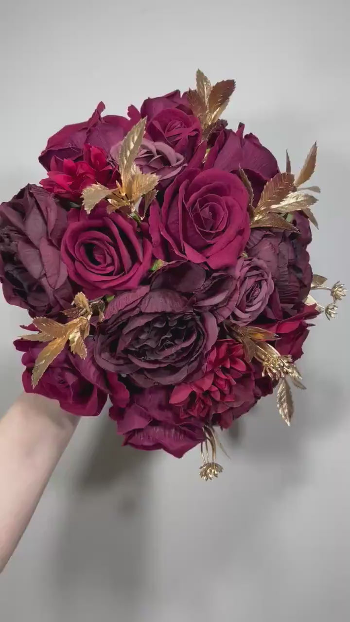 Wedding Burgundy Bouquet Bridal Gold Rustic Bridesmaids Bouquet Burgundy Maroon Red Bouquet Christmas Gold Artificial Flowers