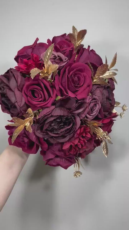 Wedding Burgundy Bouquet Bridal Gold Rustic Bridesmaids Bouquet Burgundy Maroon Red Bouquet Christmas Gold Artificial Flowers
