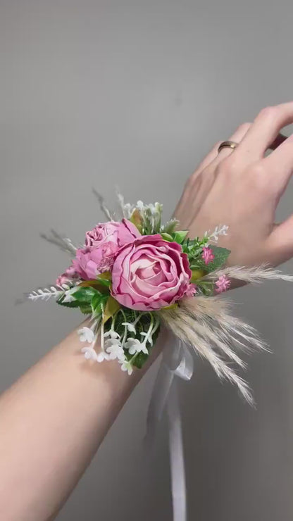 Wedding Boutonniere Pink Groom Wedding Groomsmen Boutonnière Corsage Peony Mom Corsage Pampas Grass Artificial Flowers