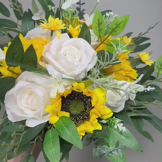 Sunflower Bouquet Bridal White Sunflowers Wedding Bouquet White Baby Breath Bridesmaids Yellow Sunflowers Bouquet Eucalyptus Artificial