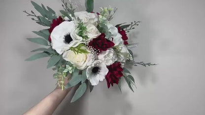 Wedding Bouquet Anemone Bridal Ivory Anemone White Bridesmaids Bouquet Burgundy Dahlia White Anemone Winter Christmas Artificial Flower