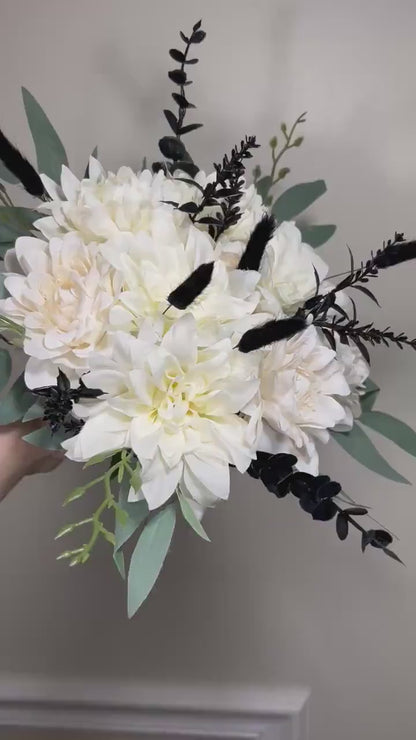 Wedding Bouquet White Bridal Bouquet Black White Bridesmaids White Bouquet Black Dahlia Ivory Eucalyptus Artificial Flower