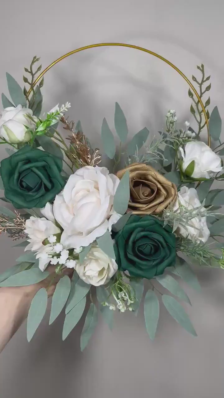 Emerald Green Gold Wedding Hoop White Ivory Hoop Hunter Green Bridesmaids Ring Wreath Flower Girl Hoop Dark Green Gold Flower Hoop