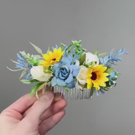 Sunflower Comb Floral Dusty Blue Wedding Head Piece Hair Comb Sunflower Bridal Blue Hair Clip Accessories Blue Hair Comb Artificial Flower