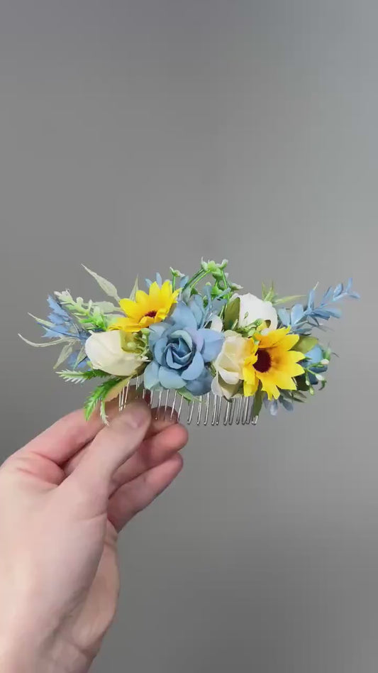 Sunflower Comb Floral Dusty Blue Wedding Head Piece Hair Comb Sunflower Bridal Blue Hair Clip Accessories Blue Hair Comb Artificial Flower