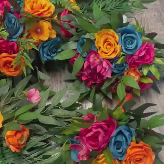 Pink Orange Teal Blue Arch Arrangement, Wedding Hot Pink Bright Orange, Tropical Swag Arbor Arrangement, Floral Backdrop Ceremony Flowers