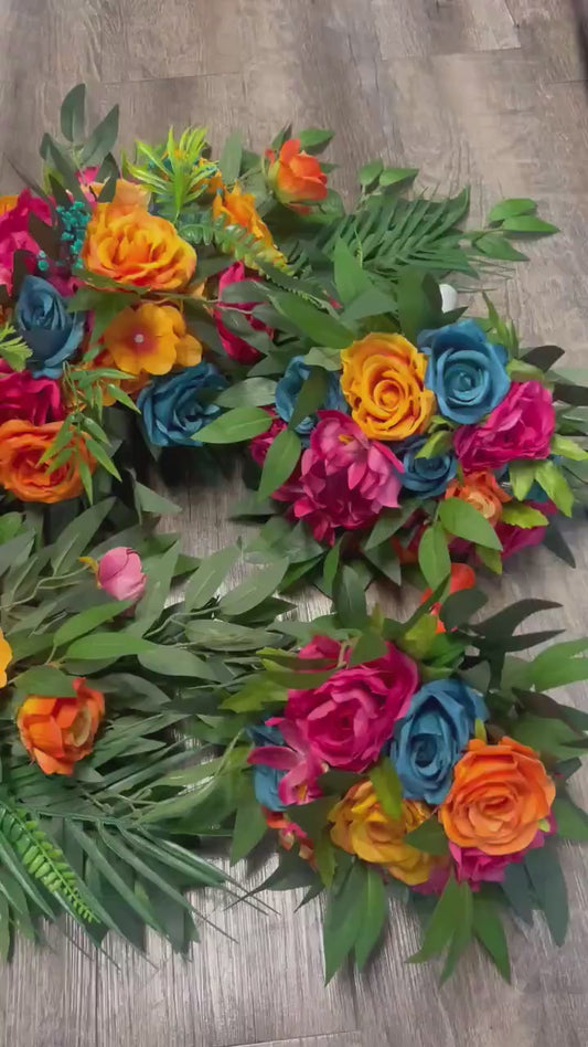 Pink Orange Teal Blue Arch Arrangement, Wedding Hot Pink Bright Orange, Tropical Swag Arbor Arrangement, Floral Backdrop Ceremony Flowers