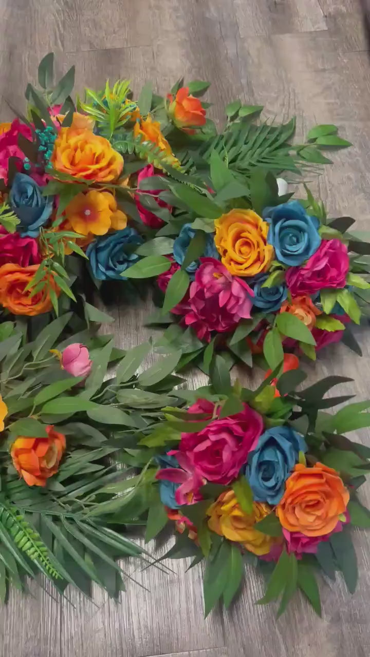 Pink Orange Teal Blue Arch Arrangement, Wedding Hot Pink Bright Orange, Tropical Swag Arbor Arrangement, Floral Backdrop Ceremony Flowers